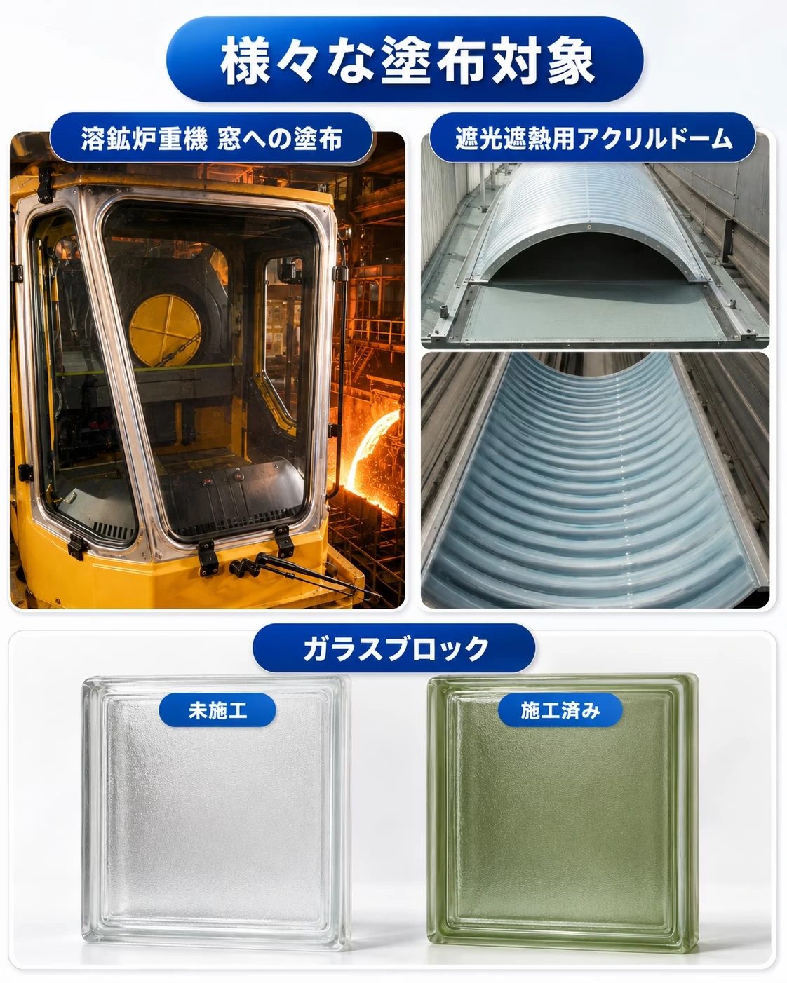 溶鉱炉重機の窓、遮光遮熱用アクリルドーム、ガラスブロックなど様々な塗布対象