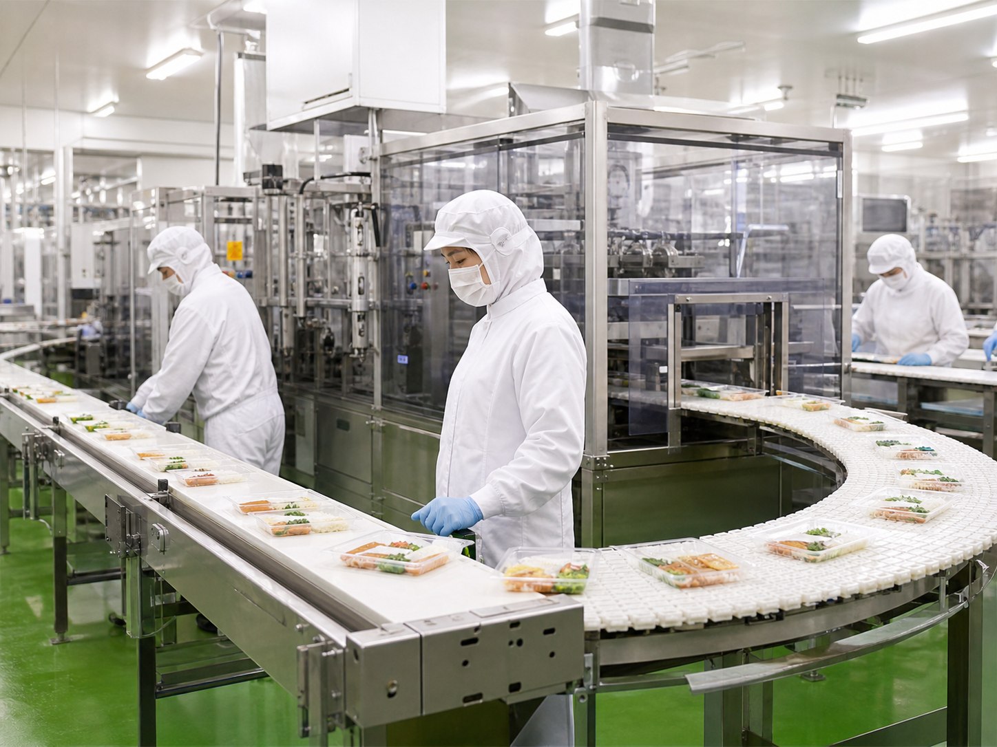 衛生服を着用した作業員が食品を製造する工場内